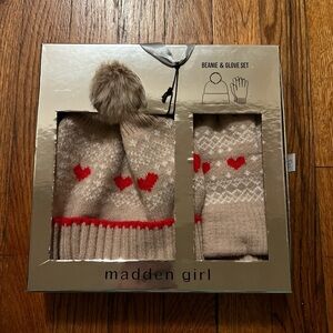 Madden Girl Tan Beanie and Glove Set with Red Hearts